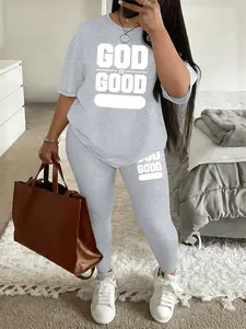 Printed pattern Women's Tee & Skinny Pants Two-Piece Set, Fitted Casual Fashion Cozy Round Neck Short Sleeve T-Shirt & Trousers for Daily Outdoor Spring Wear, Ladies Summer Clothes Womenswear