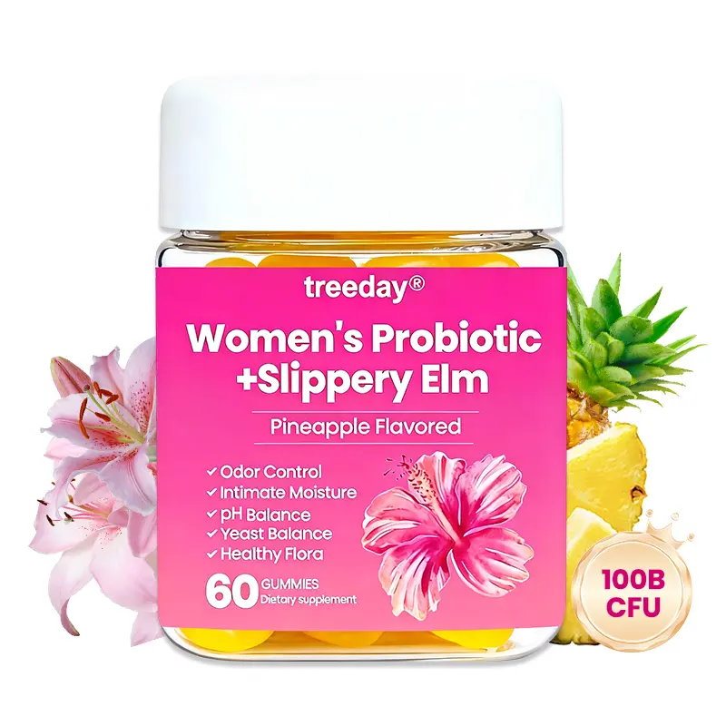 Treeday Probiotics for Women + Slippery Elm Gummies for Women (100B CFU) - Chewy Bouncy Texture, Pineapple Flavored Supplements for Women, 60 Count