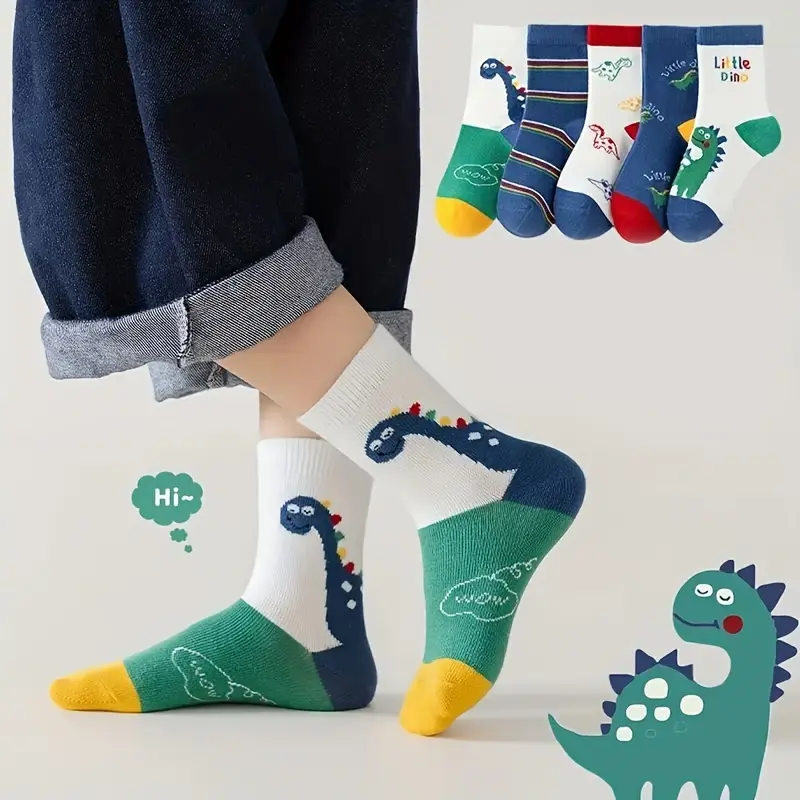 30 Pairs Boys' Cute Cartoon Dinosaur Socks - Polyester, Non-Slip, Hand Wash Only, All-Season Knit Fabric Socks with Fun Animal Designs for Youngster