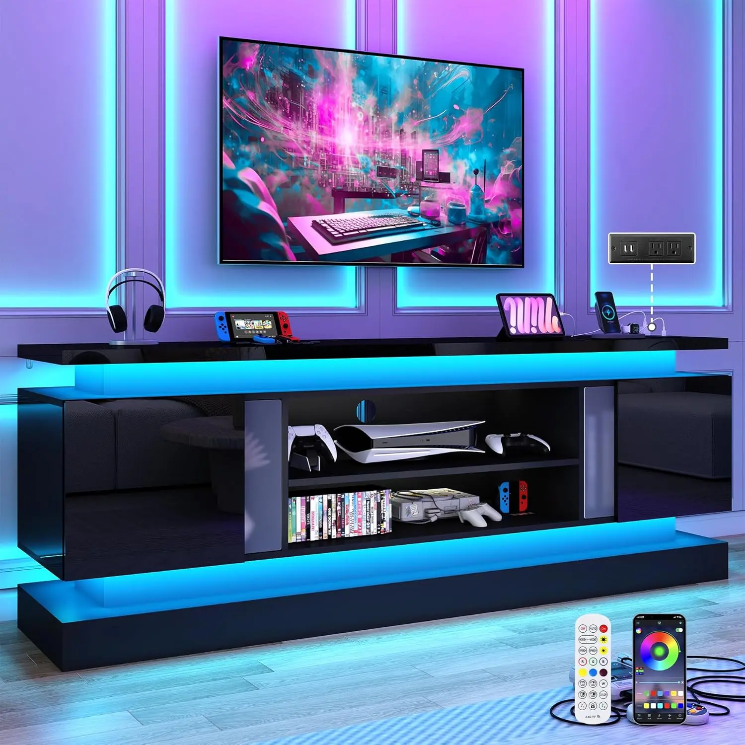 71in/81in Led TV Stands w/Power Outlet for 95/85/80/75 Inch TV,High Glossy Modern TV Console Gaming Entertainment Center with 2 Storage Cabinets,Dual LED Lights，White,Black,Marbling black,Marbling white