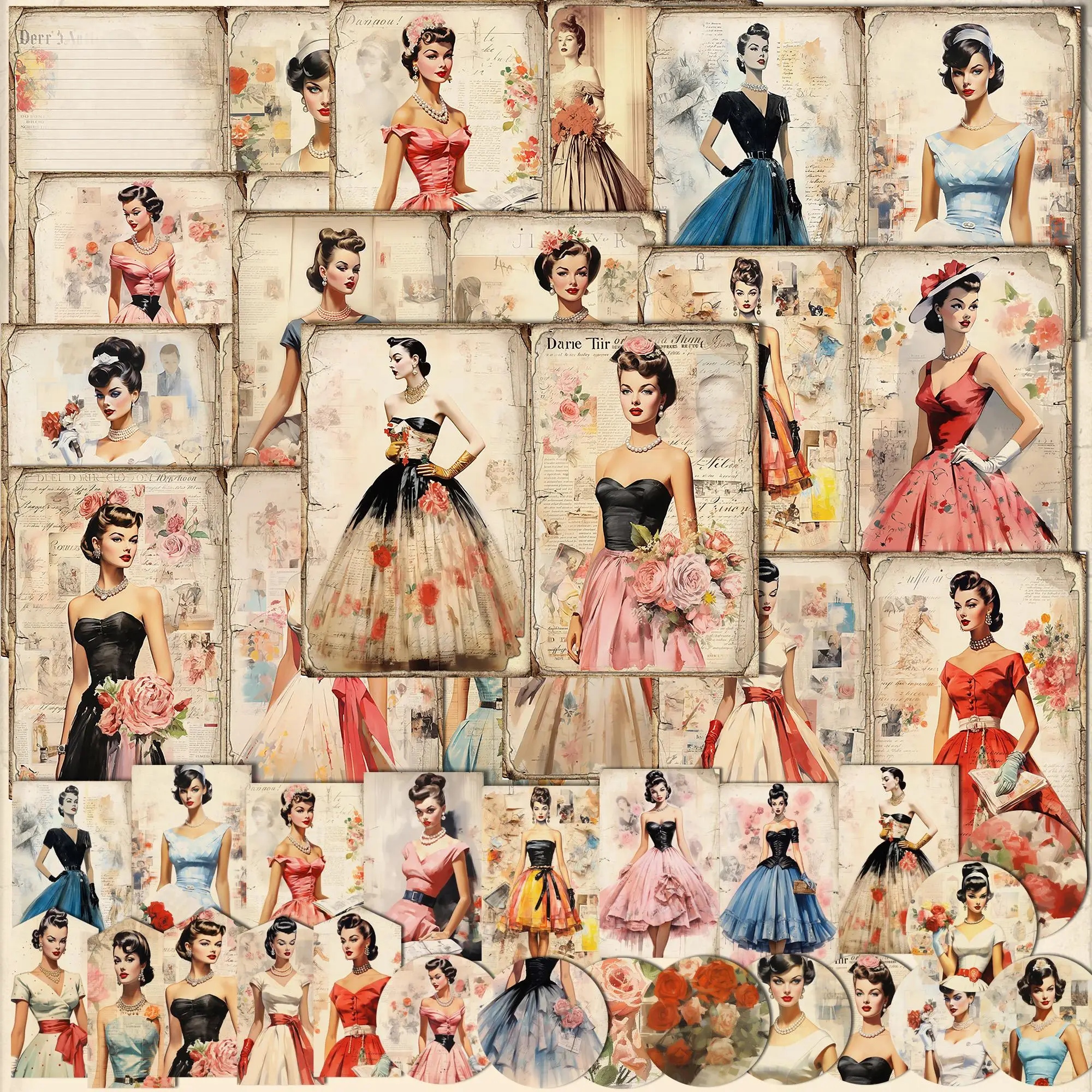 Vintage Girl Theme Journal Paper Set, 58pcs/set Including 46pcs Sticker & 12pcs Scrapbook Paper, DIY Scrapbooking & Journal Making Supplies