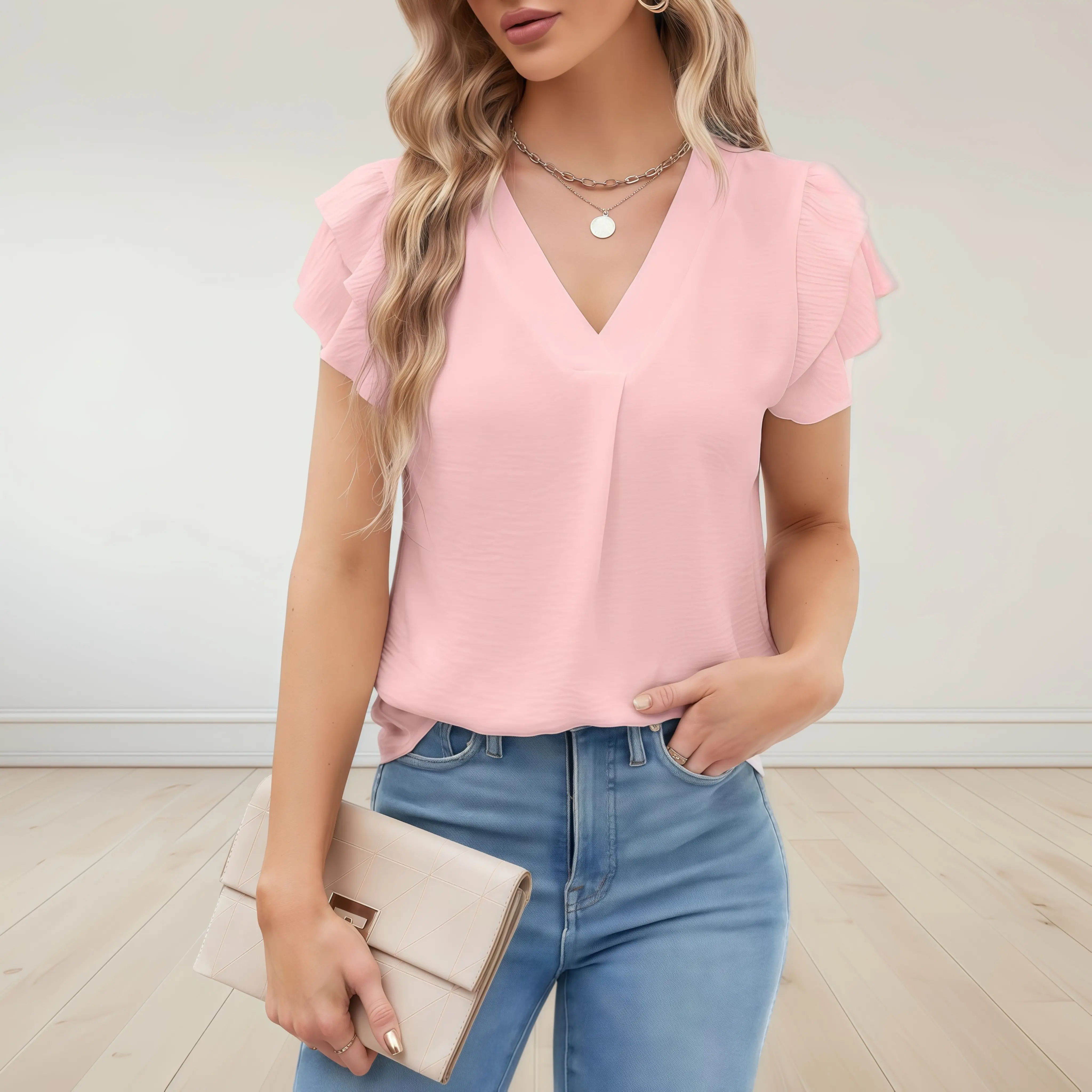 Womens V Neck Blouse Summer Tops Short Sleeve Dressy Casual Work Shirts Business Casual Loose Fit Elegant Office Outfit Chic Style 2026 Women Workout Clothes - Fashion, Women's Tops, Tops For Women
