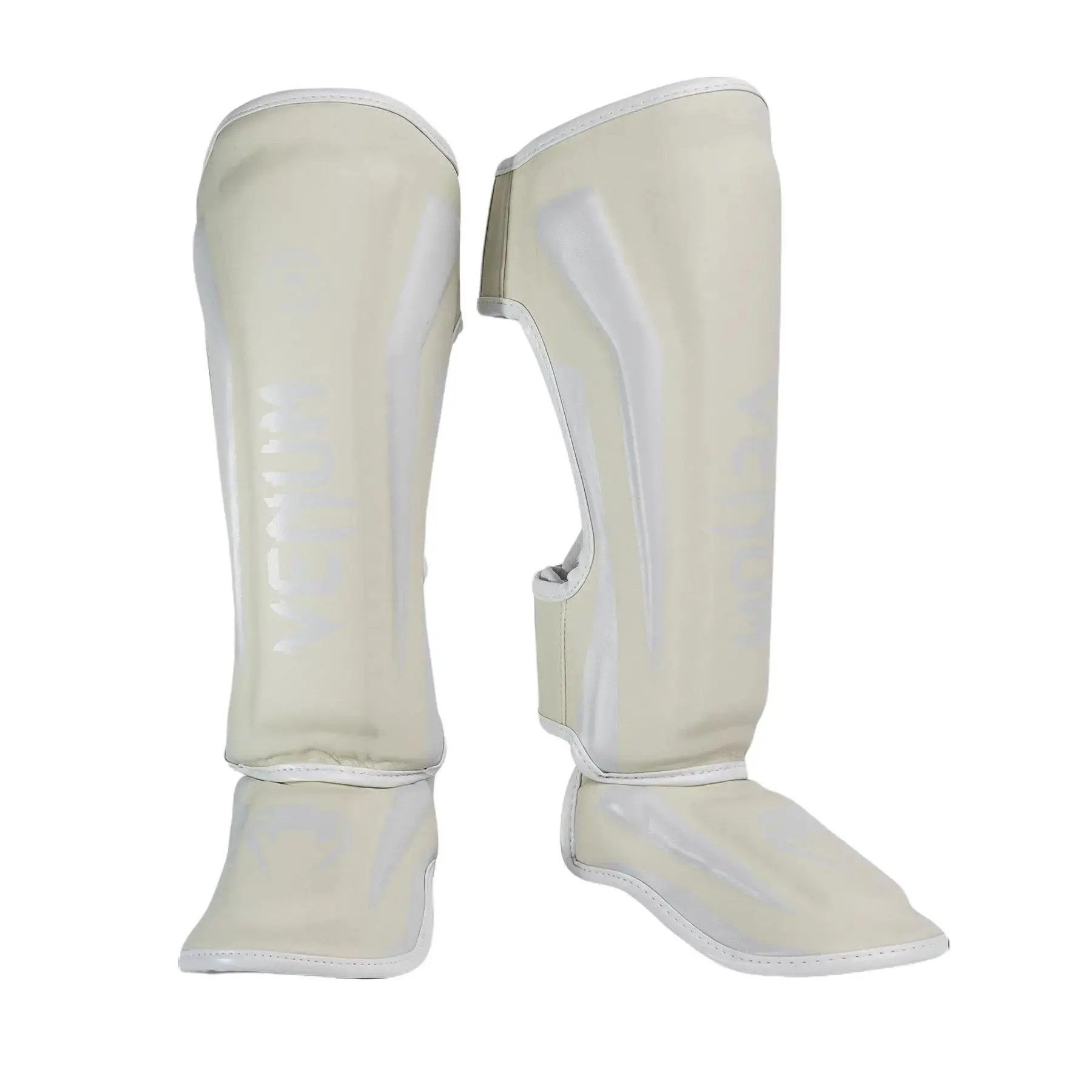 Venum Elite Standup Shin Guards - White/Ivory, 100% Skintex Leather, Pro-Anatomical Reinforcement, 2 Large Velcro Straps, Custom Fit, Boxing Equipment, Foam, Fighting Enthusiasts, Enhanced Shock Absorption, Adjustable Straps, Foot