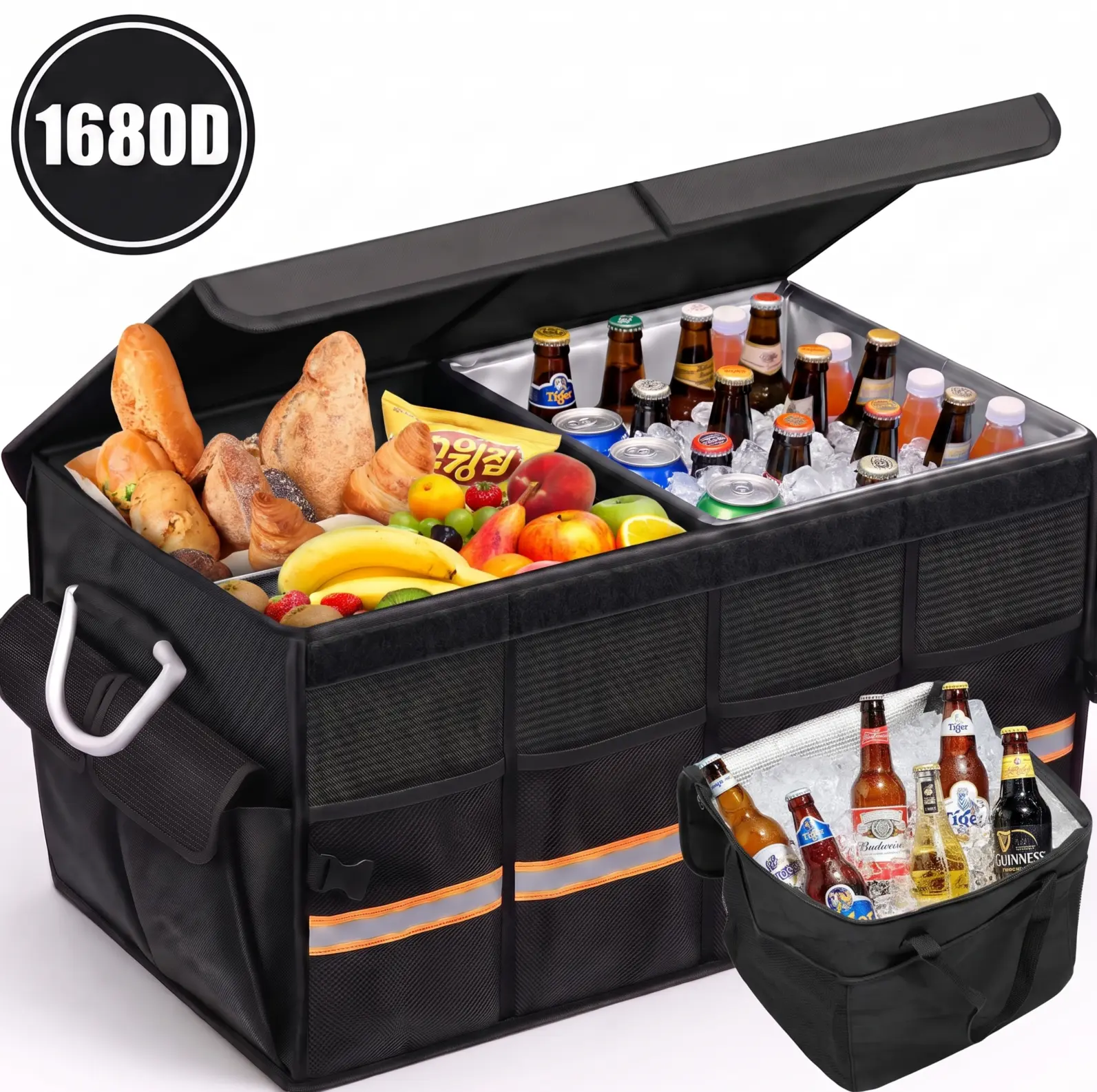 Car Trunk Organizer with Lid, Foldable 1680D Heavy-Duty Oxford 3-Compartment Storage Box for SUV, Truck, Sedan, Tidy Groceries & Tools, Black Automotive Interior Stowing Accessory for Road Trips, Camping