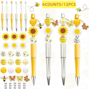 Sunflower Themed Beaded Ballpoint Pen Set, 6/12 Sets Beaded Ballpoint Pen with Bee & Butterfly Charm, DIY Writing Pen Set for Office School Student