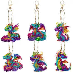 Cute Dragon Shaped Diamond Arts Colorful Painting Keychain, 6 Counts/set DIY Pendant, DIY Decorative Art for Home & Car