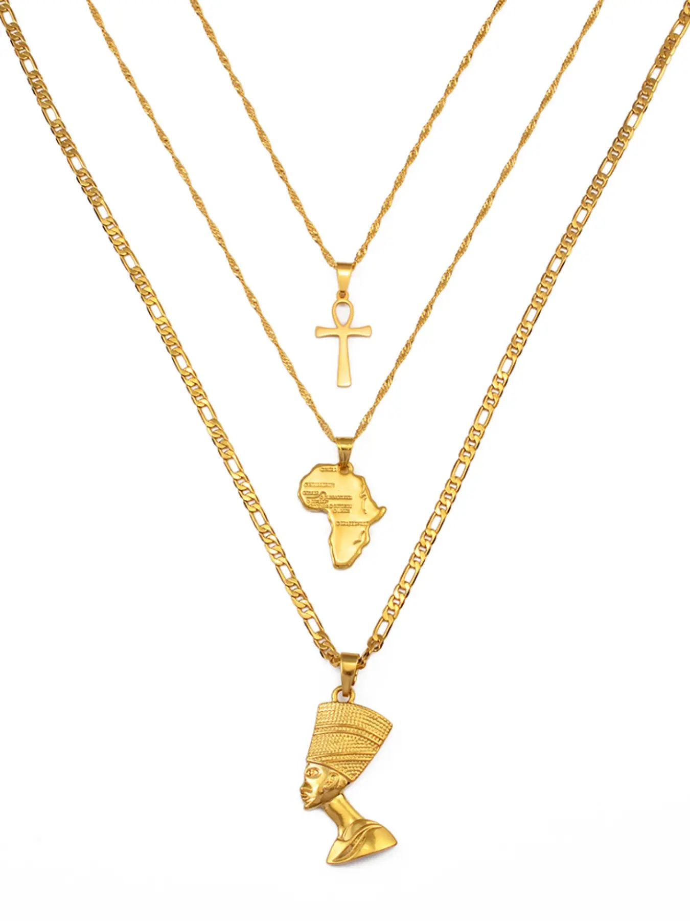 3pcs Stainless Steel Necklaces Together Necklace Set Ankh Cross Necklace Nefertiti Africa Map Pendant Gold/Silver Color Birthday Party Ethnic Costume Jewelry Necklace Women Exquisite Jewelry Gift