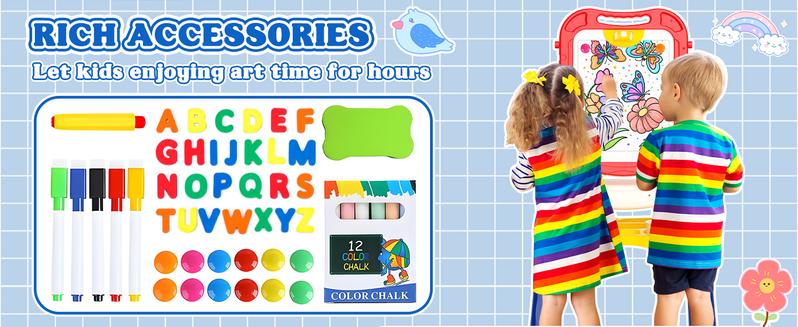 【Kids Gifts】Art Easel for Kids,Adjustable Wooden Kids Art Easel with Paper Roll,Double-Sided Magnetic Toddler Easels,Dry Erase Whiteboard and Chalk Board,Toys for 3 4 5 6 7 8 9 10 Year Old Girl Boy Gift