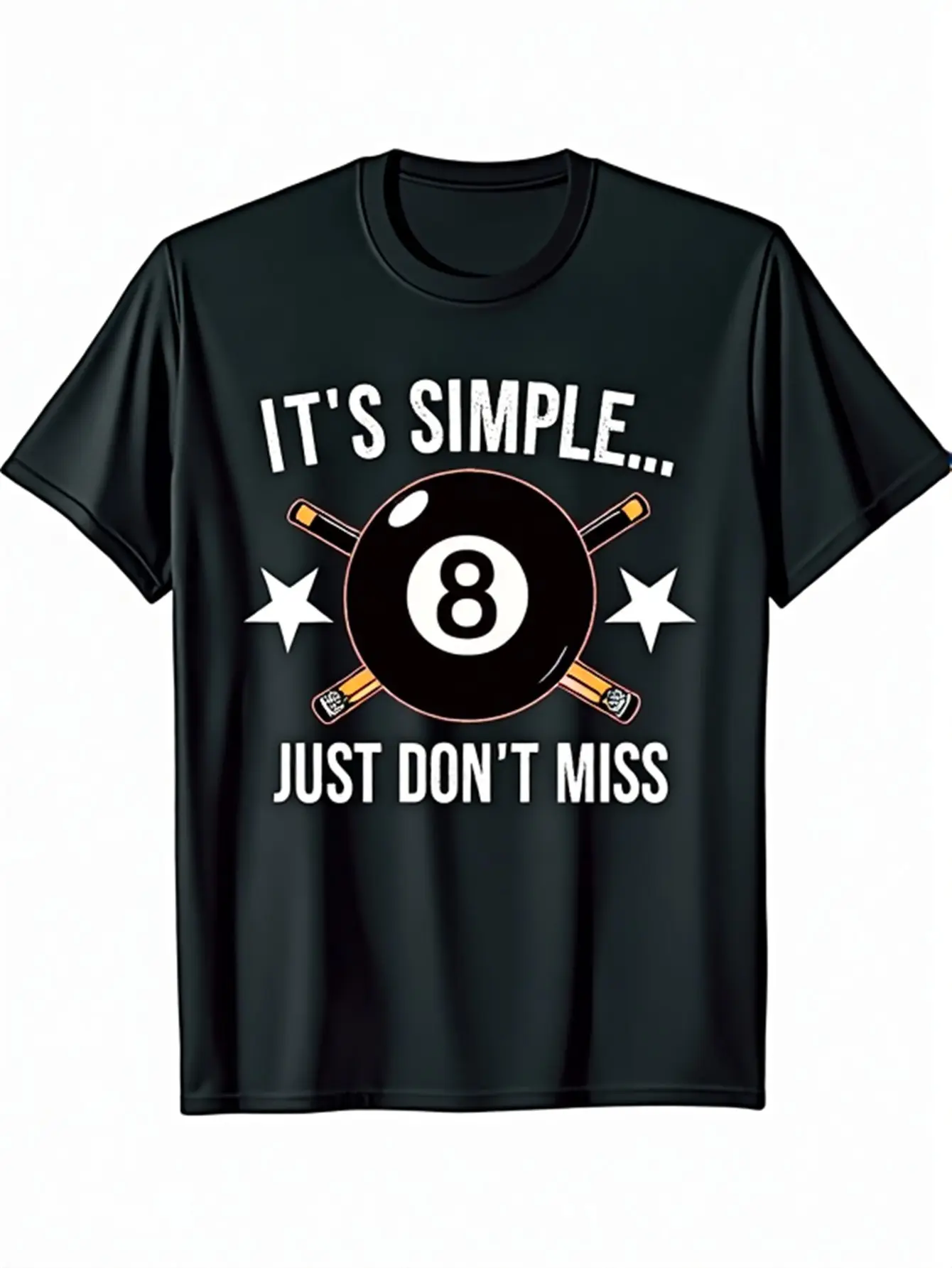Men's Billiards Graphic T-Shirt - Pool Snooker Design with "It's Simple Just Don't Miss" Slogan, Crossed Cue Sticks & Number 8 Ball - Regular Fit Casual Tee - Digital Print Black Shirt for Pool Players & Sports Fans - Machine Washable All-Season Apparel,