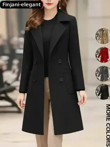 Women's Fall & Winter Mid-Length Coat Jacket, Casual Plain Fitted Design, Perfect for Daily Wear, Stylish Outerwear for Women