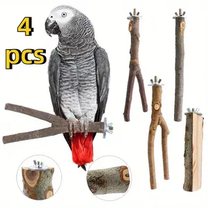 4PCS Natural Wood Bird Perch Set, Chewable and Durable Cage Accessories, Natural Bird Perch Wooden Toys Set Bird Toys for Parrots & Small Birds Promotes Exercise Play & Rest with Secure Hanging