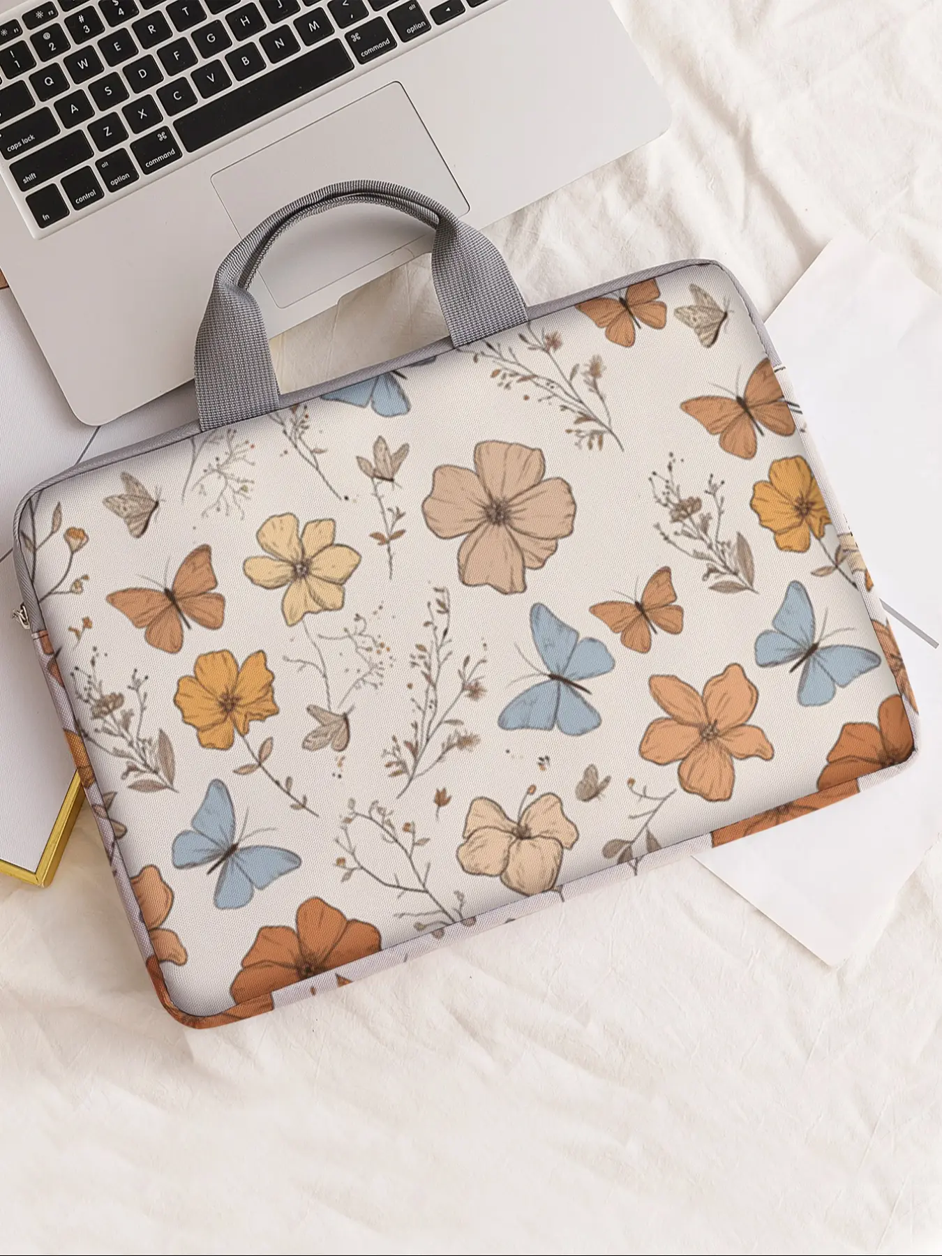 Floral Butterfly Pattern Notebook Bag, Soft Laptop Sleeve, Laptop Bags, Tablet Case, Zipper Storage Pouch, Casual Style, All Seasons