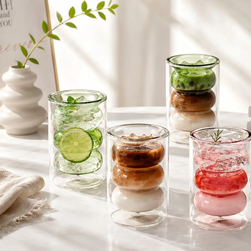 KIJKSYJ 11oz Double Wall Borosilicate Glass Cups - Ribbed Top, Stackable, Insulated, Heat Resistant, Dishwasher Safe Kitchen Drinkware for Coffee Lovers, BFF Gifts