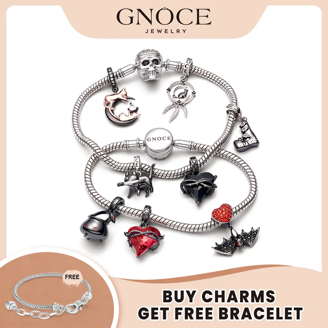 GNOCE S925 Spooky Designs Dangle Charm - Unique Pendant Jewelry for Women, Cubic Zirconia Enamel Jack-O'-Lantern Evil Eye Black Cat Bat Wings Ghost Gothic Punk Style, Fits Snake Bracelets Necklaces