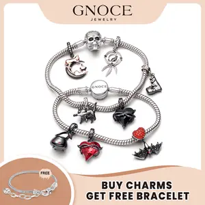 GNOCE Halloween Dangle Charm for Bracelets or Necklaces Cubic Zirconia Enamel Jack-O'-Lantern Evil Eye Black Cat Bat Wings Spooky Ghost Gothic Punk Style Pendant Fits Snake Bracelets Necklaces