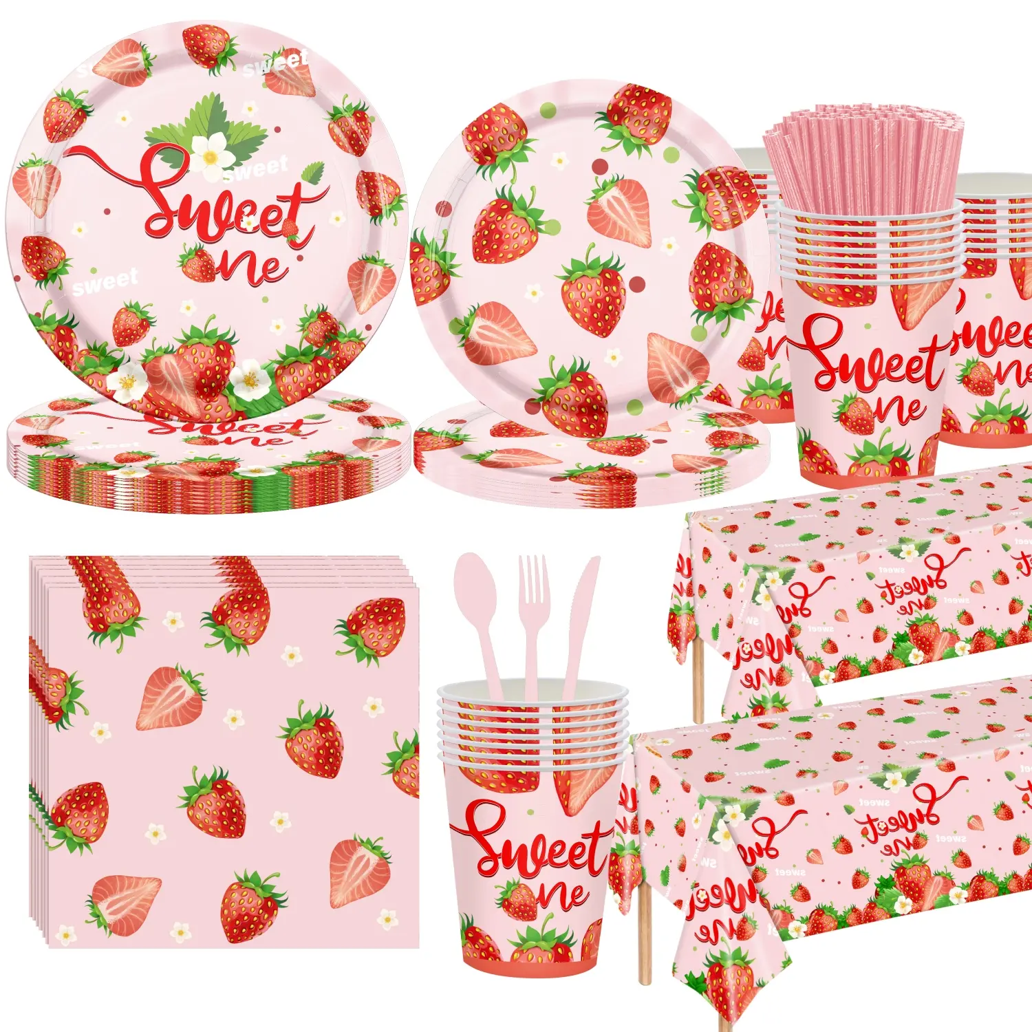133PCS Strawberry Themed Disposable Tableware Supplies Set - Plates, Cups, Napkins, Cutlery & Tablecloth for Girls' 1st Birthday, Baby Shower Tablecloth Disposable Tableware Supplies
