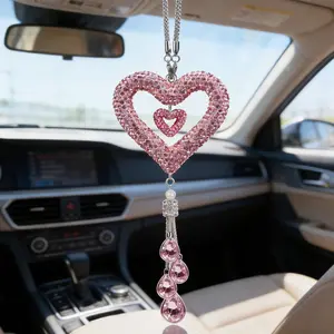 Sparkling Diamond Heart Car Hanging Ornament with Crystal Water Drop, Romantic Valentine's Day Car Decor, Luxury Auto Accessory, Car Interior Accessory