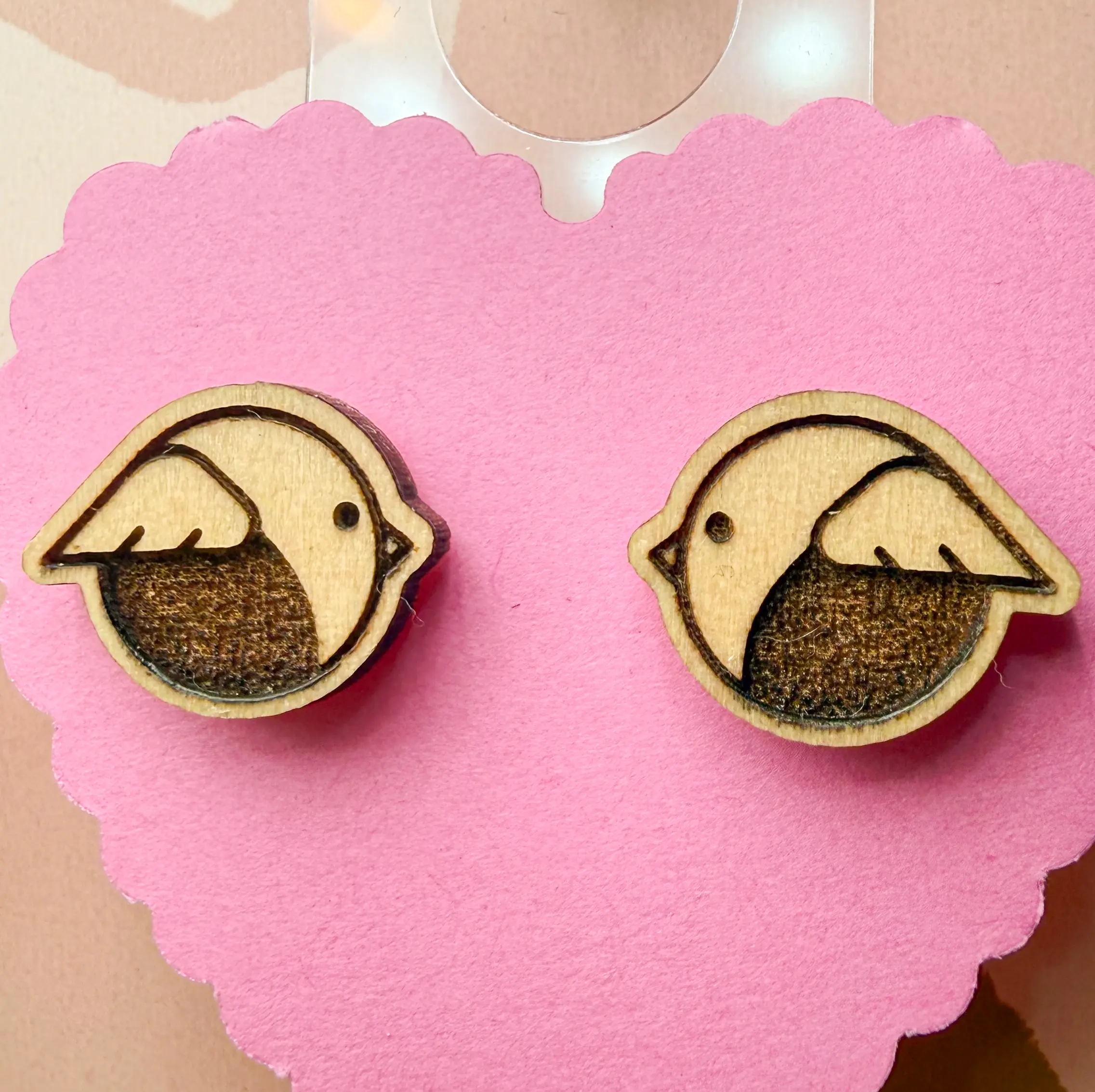 Cute, lightweight wooden stud earrings for sensitive ears, laser cut with plastic backs.