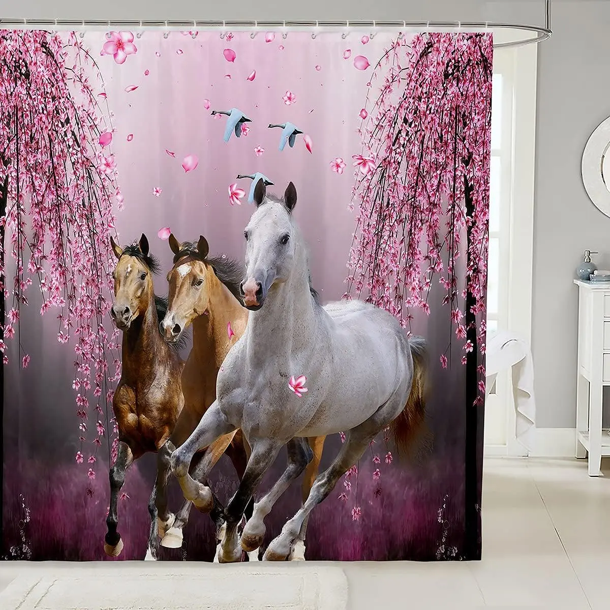 Feelyou Washable Fabric Horse Shower Curtain - Fun Whimsical Cherry Blossom Branches Steed Motif, Waterproof Polyester Restroom Accessory, 72x72in with 12 C-Hooks, Compatible with Household Textiles for Dorm Room & Camper, Lightweight, Gym