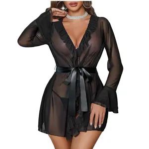 Mesh Lingerie Robe Sets for Women Nightgown Long Sleeve Kimono Ruffle Nighty With Thong