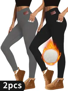2PCS Warm High-Waisted Fleece Yoga Leggings with Pockets - Thermal Women's Activewear for Winter Comfort & Performance