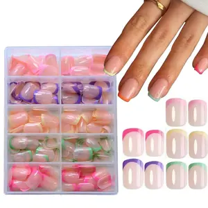240Pcs Short Press On Nails Square Fake Nails French Tip Nail Press Ons Set False Nails Full Cover Mixed Colorful Nail Tips  Reusable Glossy Artificial Nail Kit for Women Girls Manicure, DIY Nail Kit