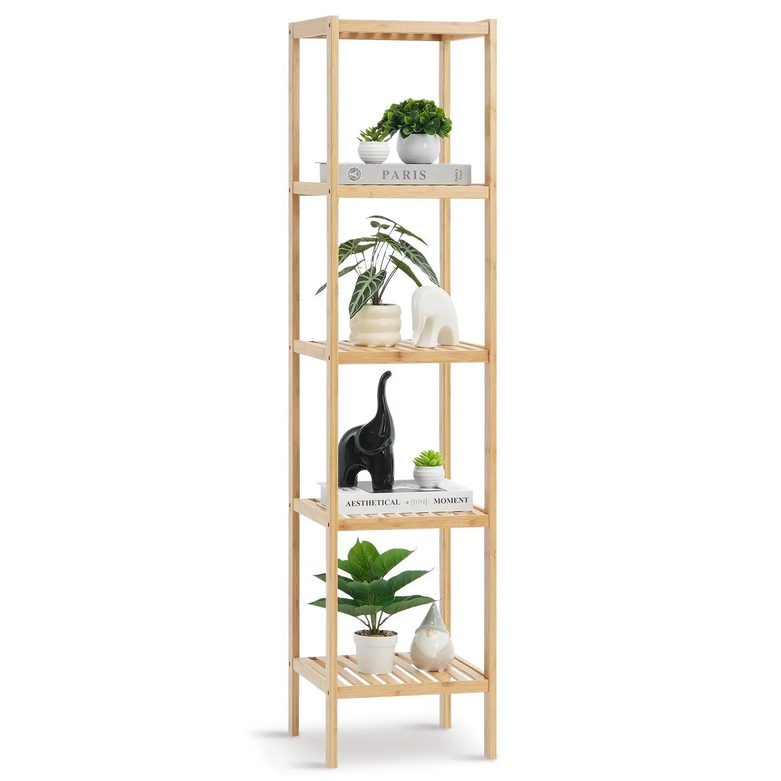 【summerfinds】VEVOR 5-Tier Minimalist Waterproof Bamboo Bathroom Standing Shelf, Narrow Freestanding Storage Rack Organizer, Display Stand Set Ideal for Bathroom, Kitchen