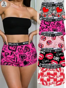 Morvia 5pcs Women's Lady Boyshort Panties, Colorful Love & Lips Design, Soft Elastic Waistband, Fitted Style for All Seasons