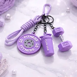 Fitness Keychain Set - Purple Dumbbell, Weight Plate, and Sport Bottle - Perfect for Gym Enthusiasts