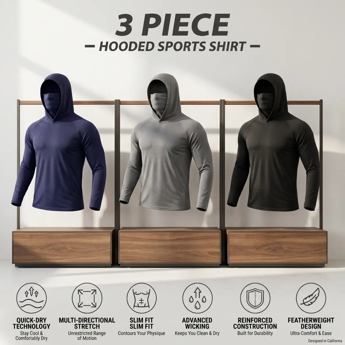 Men's 3-Pack Ice Silk Quick Dry Breathable Sun Protection Hoodies with Built-in Face Mask Hood, UPF50 Long Sleeve Compression Rash Guard Tops, Lightweight Stretch Sport Shirts for Fishing, Workout, Holiday Gift, Sun Protection Hoodie, Male, Solid Colors,