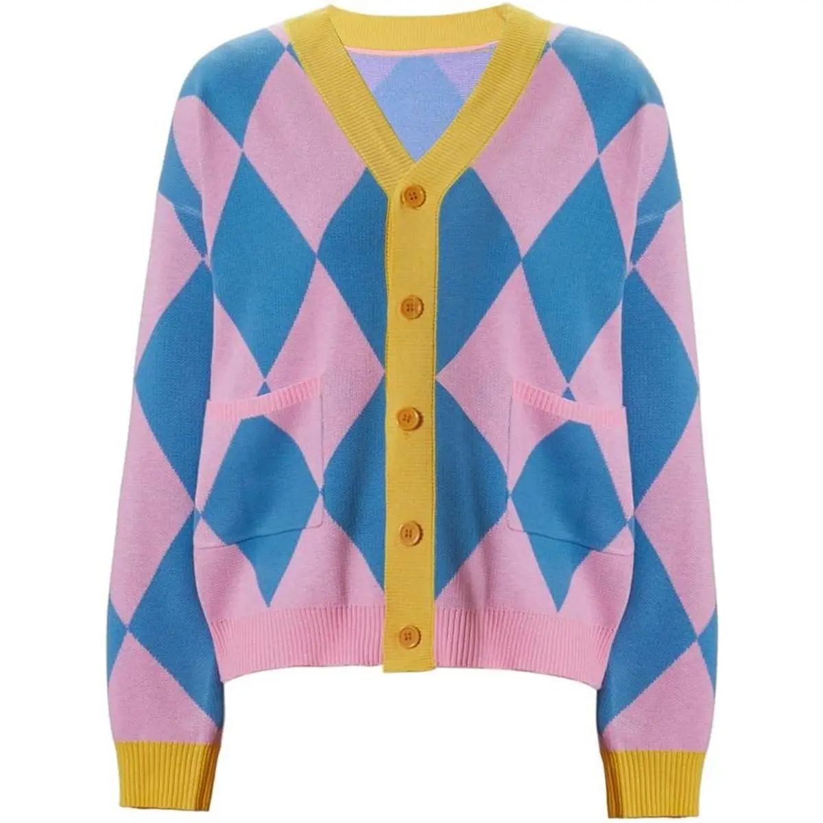Unisex Howl Cosplay Costume Pink Checked Pattern Cardigan Argyle Knitted Sweater Jacket