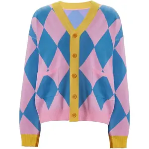 Unisex Howl Cosplay Costume Pink Checked Pattern Cardigan Argyle Knitted Sweater Jacket