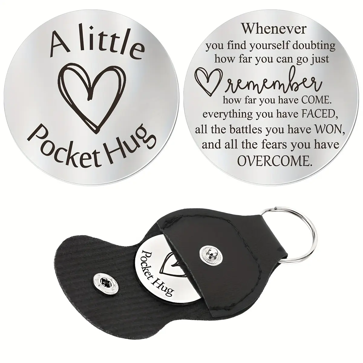 Pocket Hug Token, Long Distance Relationship Souvenir, Stainless Steel Double-Sided Inspirational Gift, PU Leather Keychain