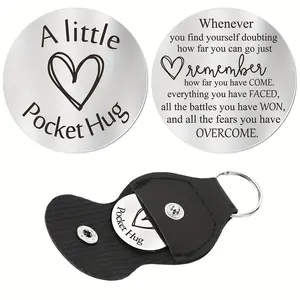 Pocket Hug Token, Long Distance Relationship Souvenir, Stainless Steel Double-Sided Inspirational Gift, PU Leather Keychain