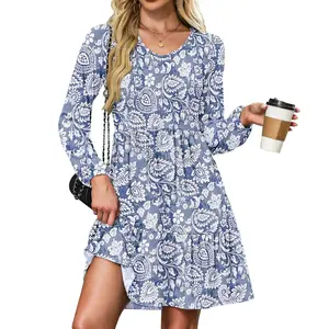 AUSELILY Women‘s Casual Tunic Dress V Neck Tiered Swing Flowy A-line Mini Short Dresses with Pockets Floral Womenswear Ruffled Dresses