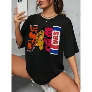 Chicago Team Graphic T-Shirt, Bears Bulls Cubs Fans Gear, Sporty Athletic Loose-Fitting Short Sleeve, Casual, Ideal for Sports Enthusiasts, Womenswear graphic tees