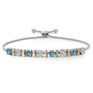 Gem Stone King 925 Silver and 10K Yellow Gold Blue Lab Grown Diamond and Lab Grown Diamond Bracelet For Women | 2.00 Cttw | Gemstone April Birthstone | Round 4MM | Adjustable up to 9 Inch
