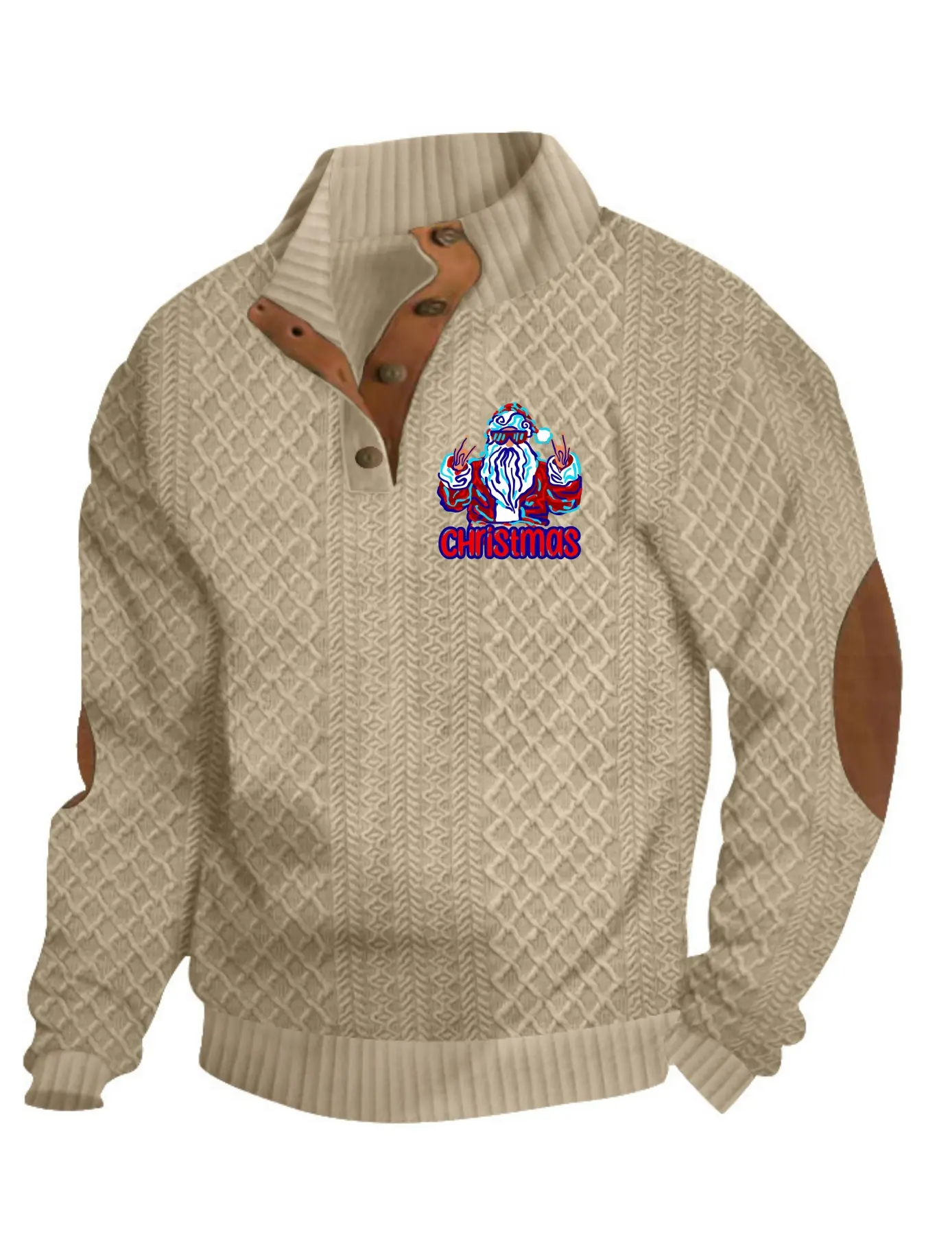 Christmas's funny Santa Claus print semi-open men's knitted sweater, diamond-patterned retro style, leather buttons + elbow patches, a comfortable top for the festive atmosphere of autumn and winter,Christmas,Black Friday,boyfriend gift, Winter Wear