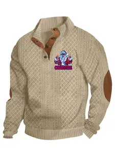 Christmas's funny Santa Claus print semi-open men's knitted sweater, diamond-patterned retro style, leather buttons + elbow patches, a comfortable top for the festive atmosphere of autumn and winter,Christmas,Black Friday,boyfriend gift, Winter Wear