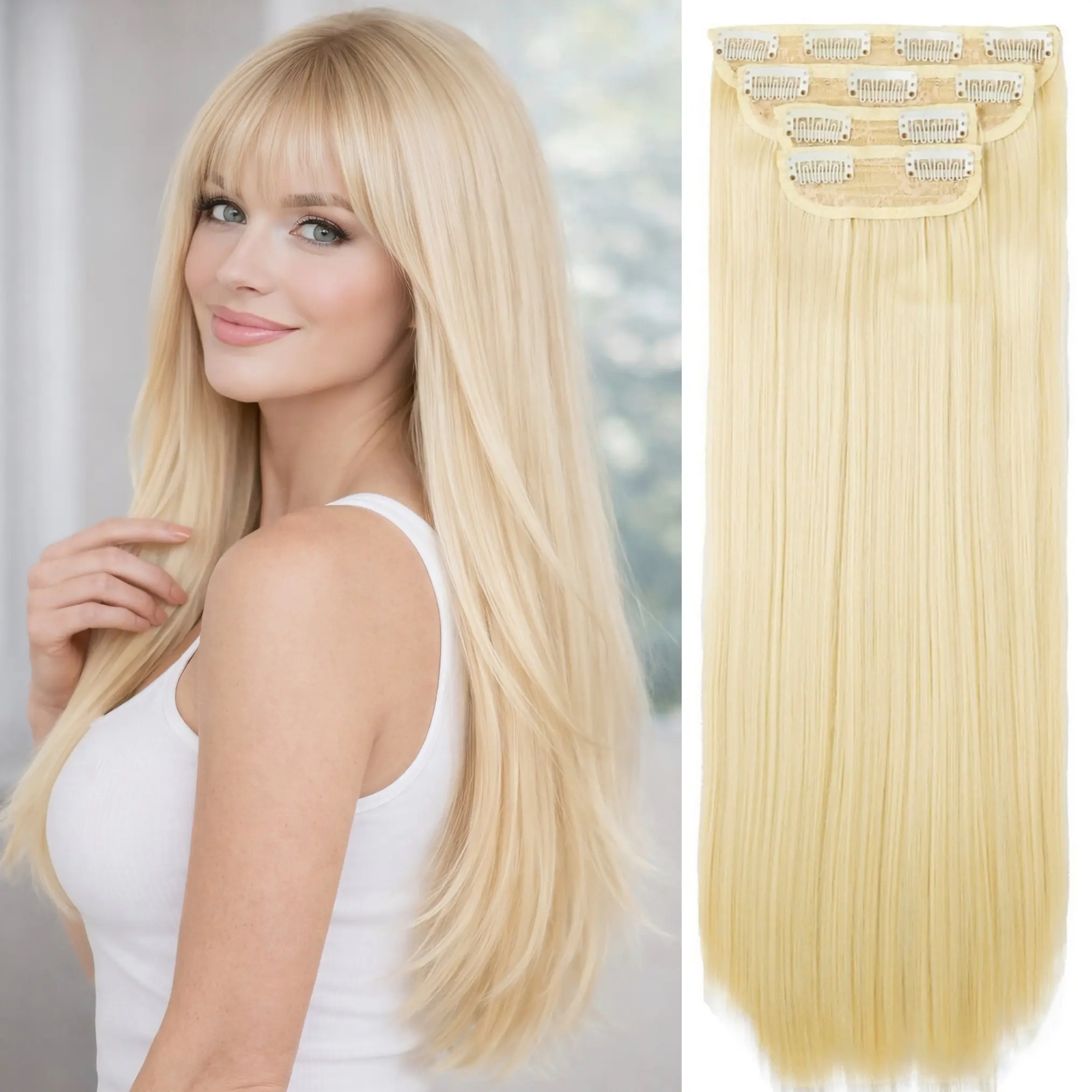 Womens Blonde Clip On Hairpiece Clip in U Part Hair Extensions Synthetic Long Wavy Curly  main image 3
