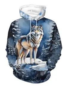 Men's hoodie, Wolf Howling at Snowy Mountain 3D printed hoodie, outdoor style loose hoodie, unique and niche designed top