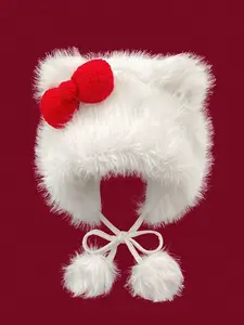 Sanrio Cute Bowknot Plush Earflap Hat, Hello Kitty Cartoon Thick Fluffy Winter Warm Cap For Women Daily Use In Autumn And Winter, Christmas Party