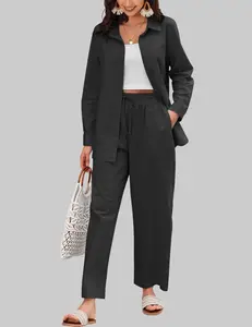 Zeagoo Women's Linen Suit Two Piece Outfits Summer Beach Linen Shirt and Pants Set Fitted Long Sleeve Casual Minimalist