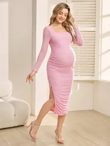 BELLAdresses Pregnant Women's Comfortable Mesh Slit Elegant Wide Shoulder Long Sleeve Maternity Dress