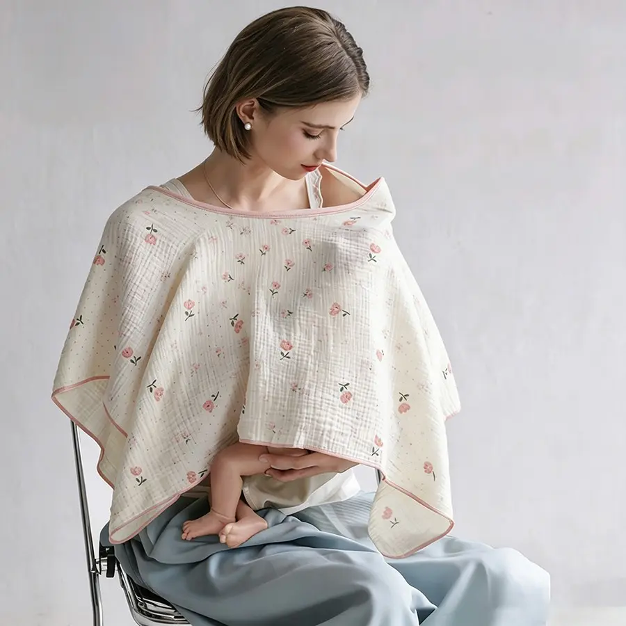 Multifunctional Baby Nursing Blanket, Breathable Cotton, Cute Bear Print, Outdoor Feeding Cover, Stroller Sunshade, Infant Wrap & Blanket