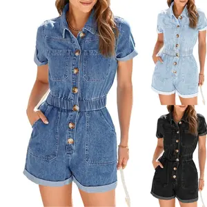 Imily Bela Women's Short Sleeve Denim Rompers Cotton Utility Button Up Elastic Waist Short Jumpsuits