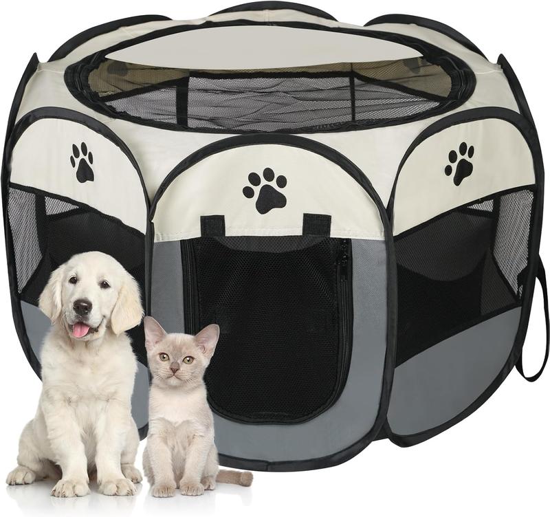 Dog Cat Playpen, Puppy Pet Playpen Indoor for Small Dogs Tent Crates Cage Outdoor, Portable Pop Up Dog Kennel Playpen with Carrying Case for Dogs/Cats/Rabbits, Removable Zipper Top, kitty condo ，Grey