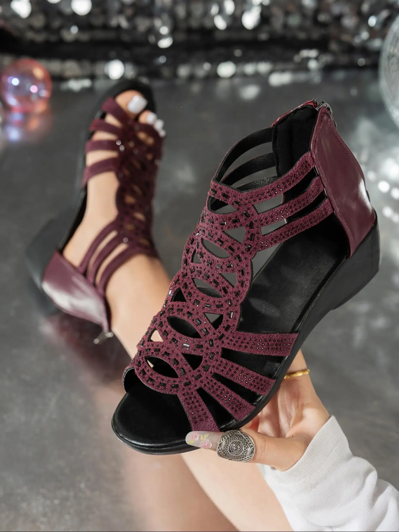 Women's Retro Boho Wedge Sandals for Summer, Comfortable Vintage Rhinestone Wedge Sandals for Daily Wear