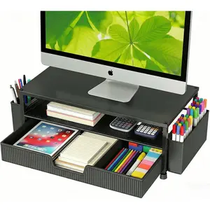 Desk Organizer and Accessories 2-Tier Computer Monitor Stand Rise with Storage Drawer & 2 Pen Holders Laptop & Printer Stand for Desktop Workspace Organizers for Office Supplies (Black)