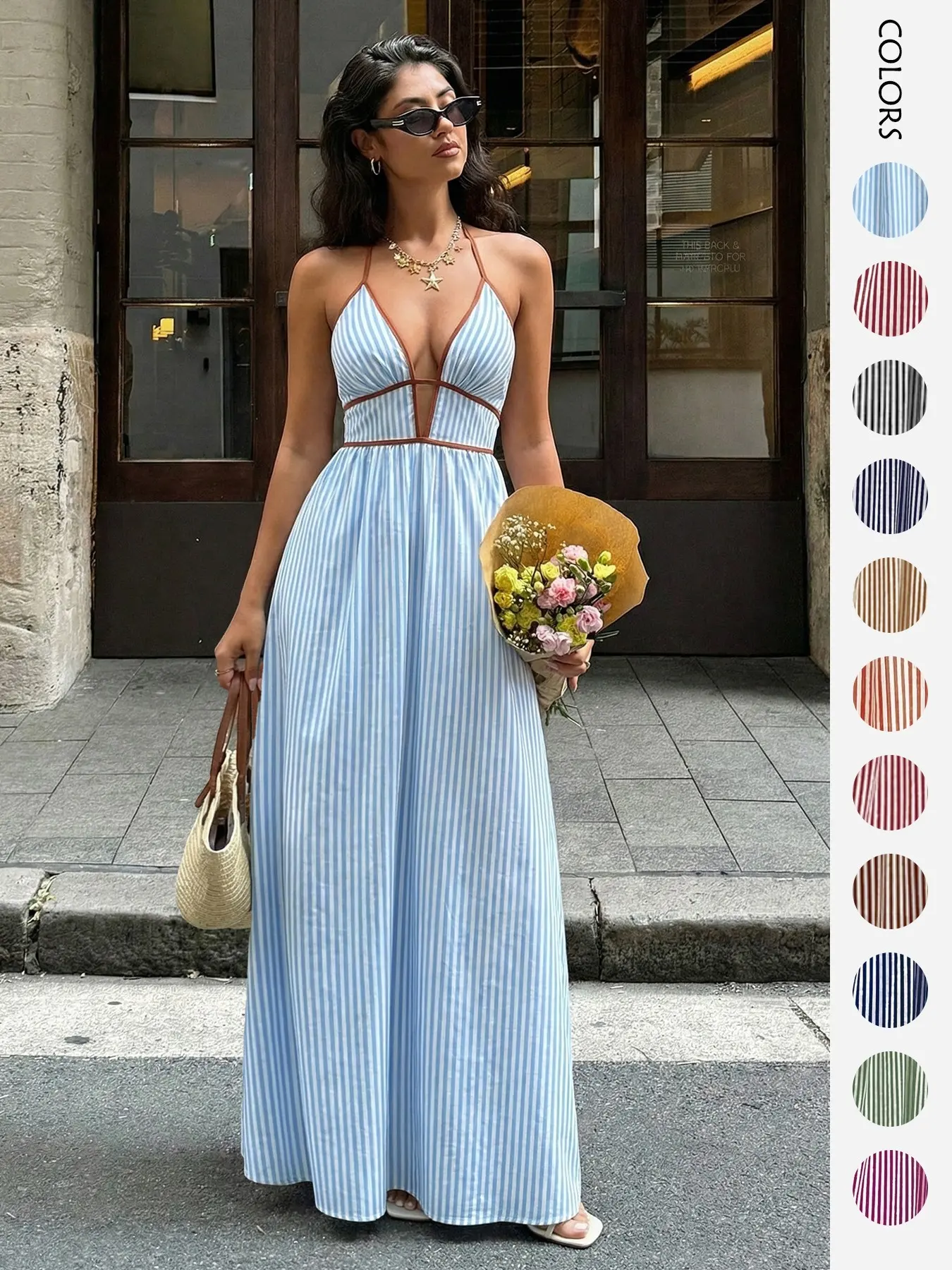 Women's French Vacation Striped Halter Strap Dress with Deep V Neckline, Waist-Cinching Design, Floor-Length Casual Wear Beach Resort Wear Dress, Summer